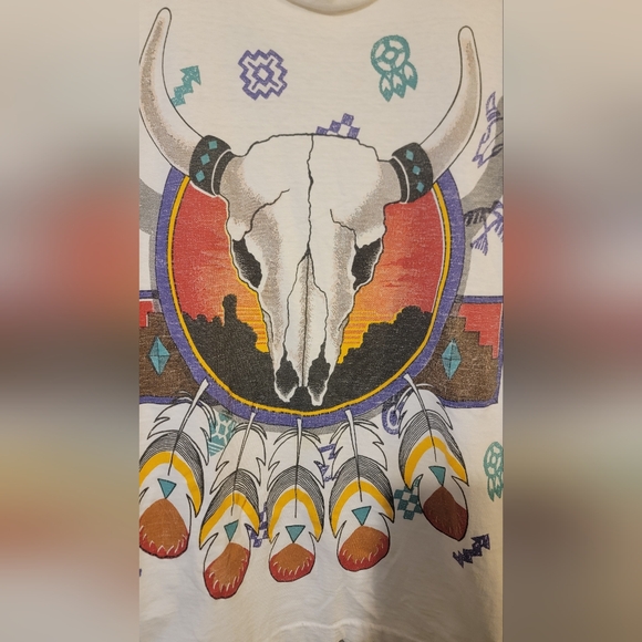 Vintage 90s Sitting Bull Cow Skull Native American 2 sided single stitch - Picture 2 of 8